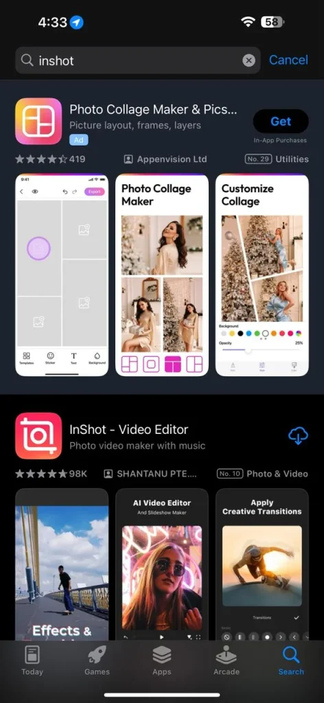 search inshot ios store