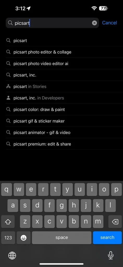 picsart ios search